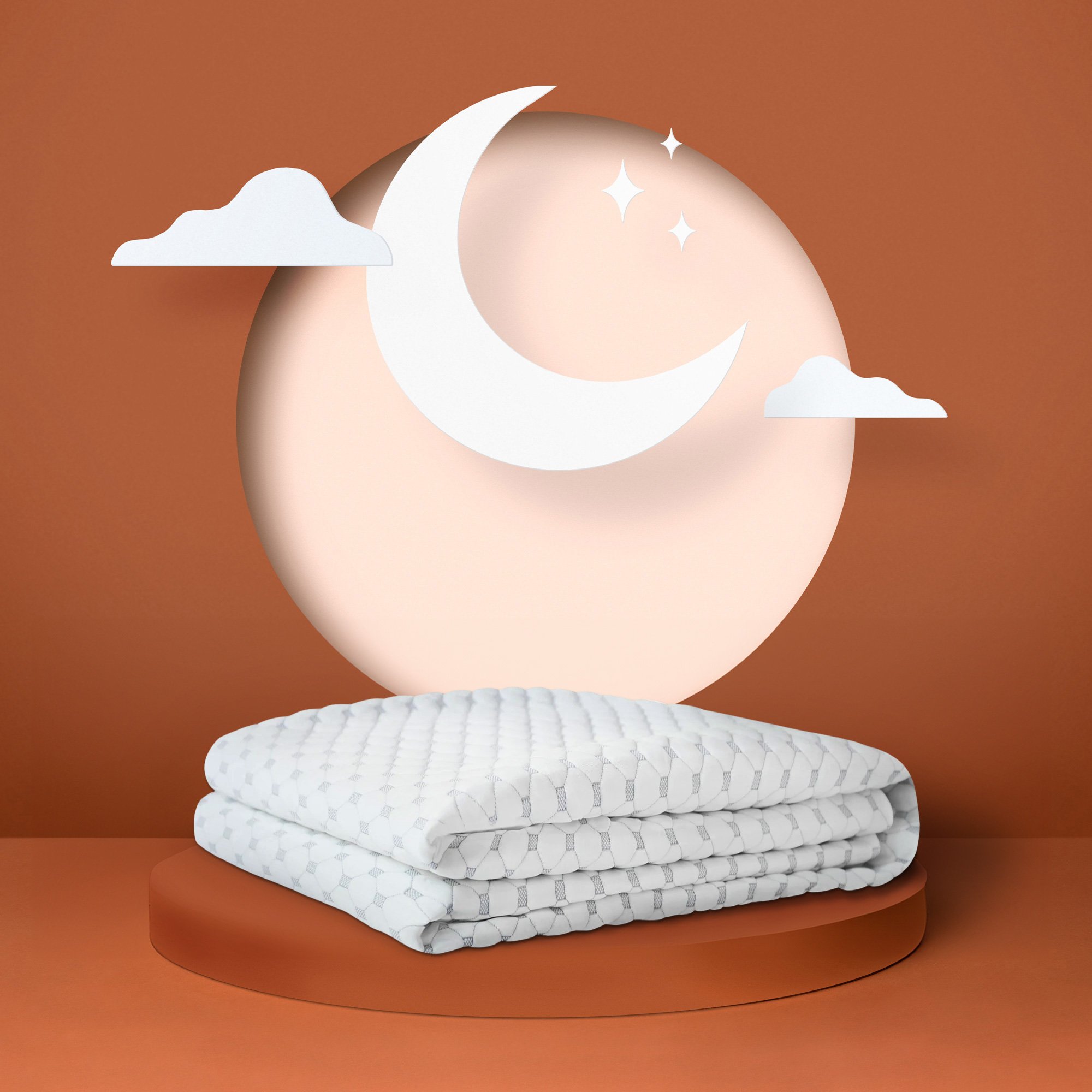 Orders placed by 2pm will ship the same day! A folded white and gray mattress protector on a blue background.