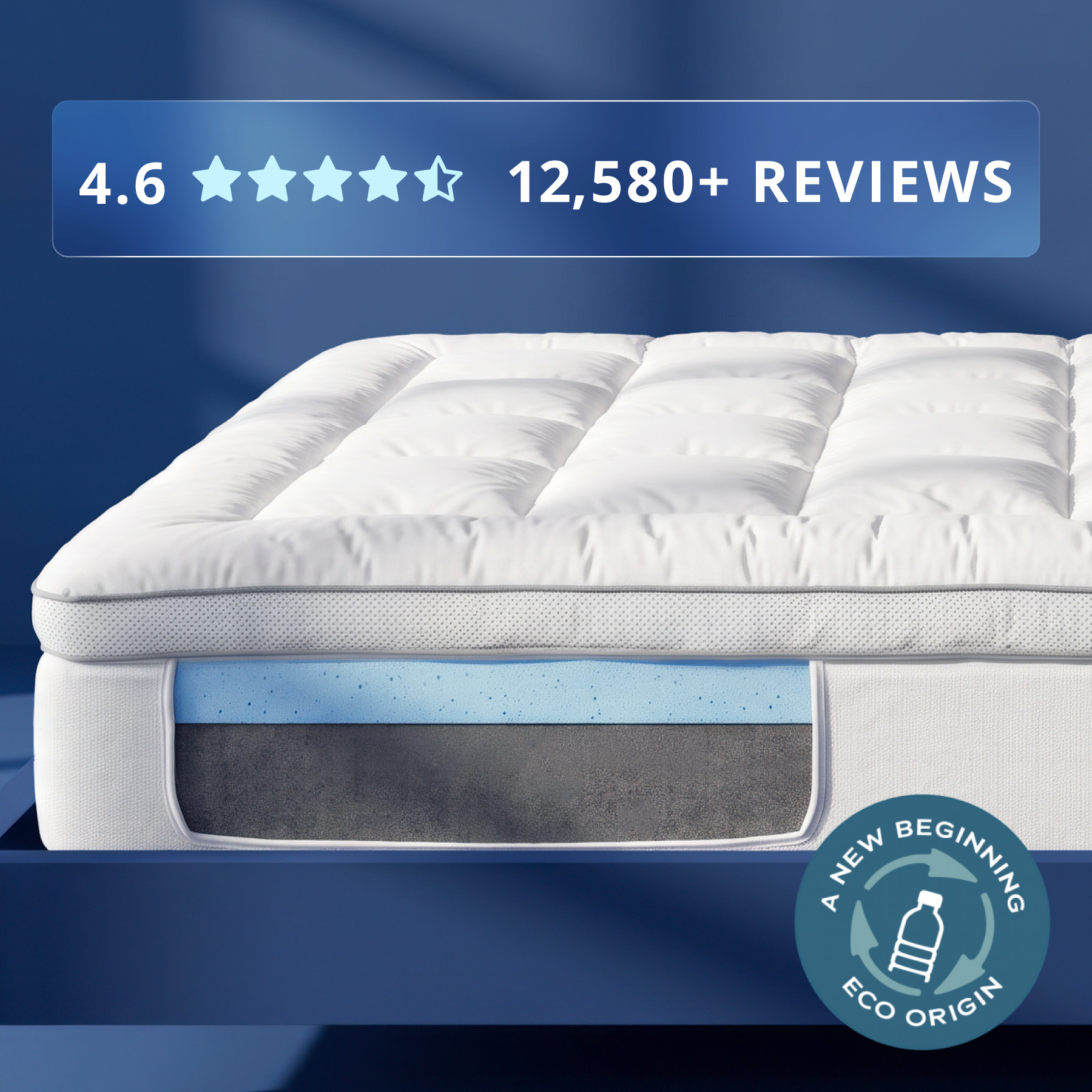 A white mattress topper or mattress cover is shown lifted slightly off a bed, with a light blue gel memory foam support layer underneath. The bed frame is wood, and the scene is styled in a warm bedroom setting. Text at the top reads 'Orders placed by 2pm ships same day'