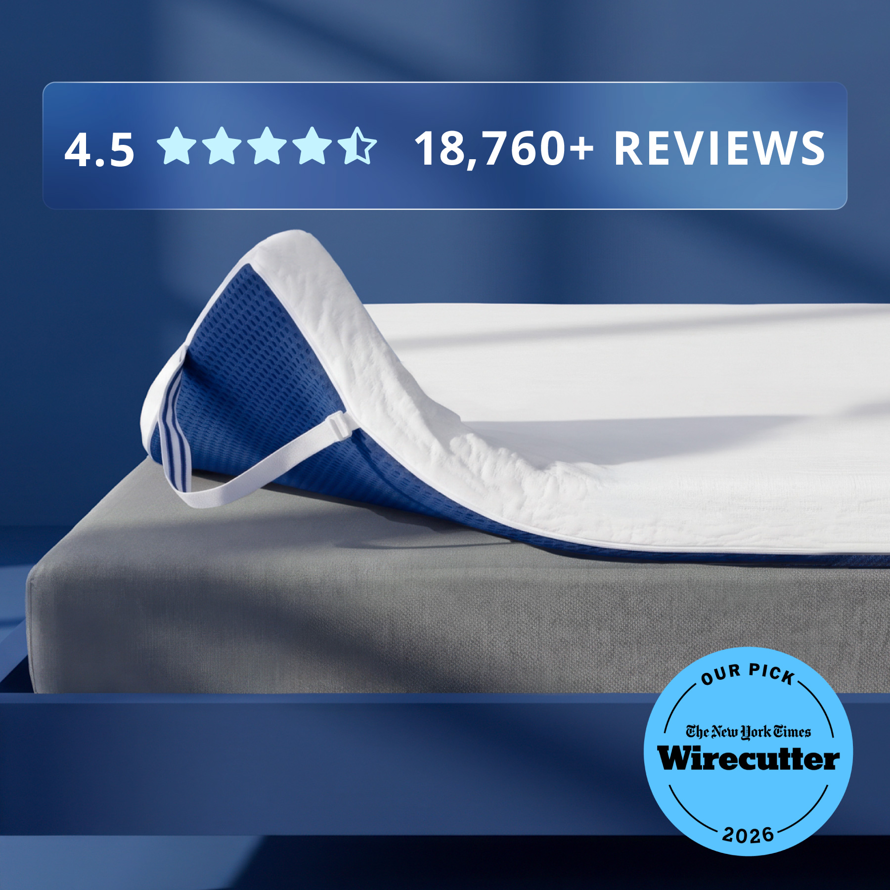 Orders placed by 2pm ships same day. 3" High Density Foam. Photo of a 3" thick white & blue mattress topper secured to a bed with adjustable straps.