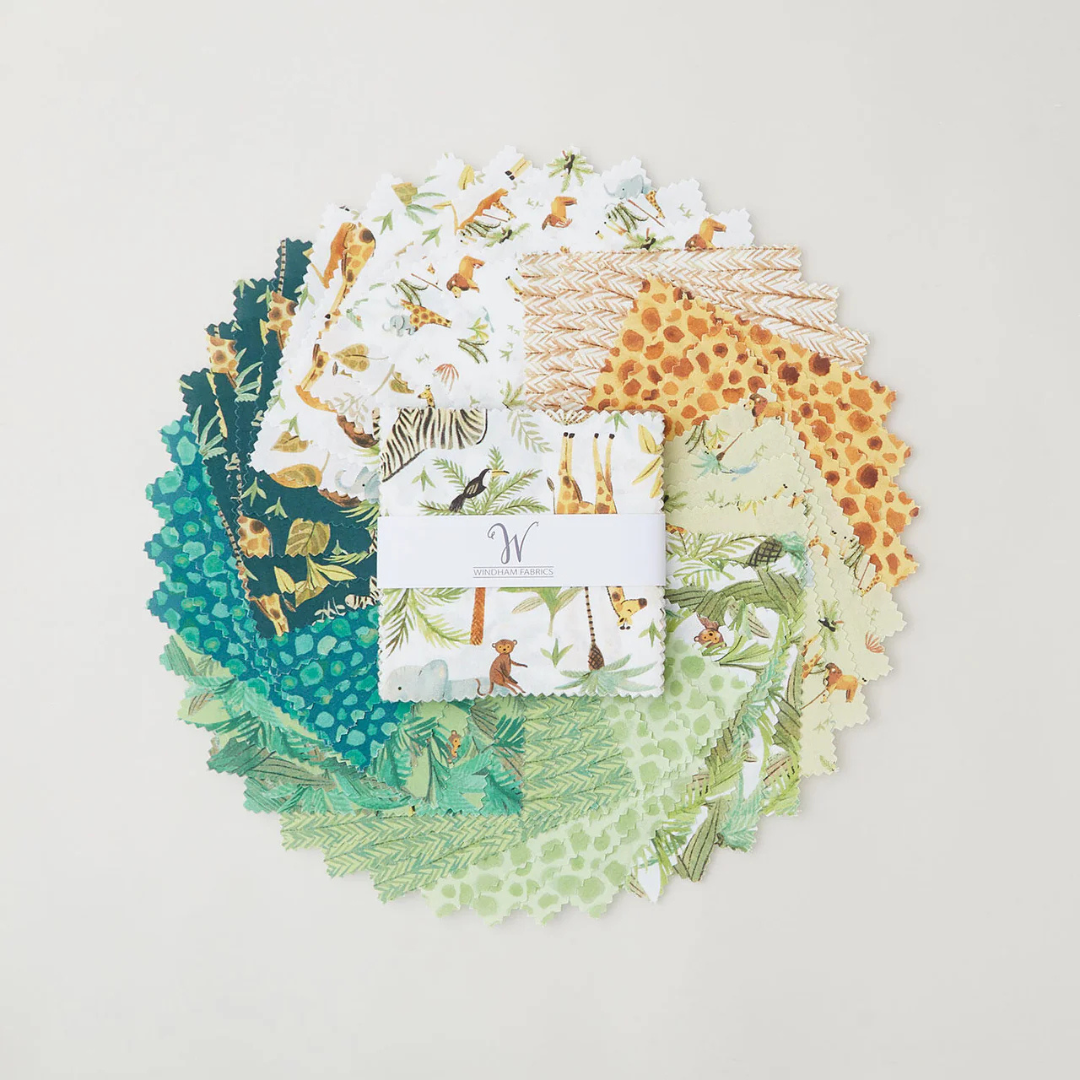 A charm pack featuring several cute jungle fabric prints, one of many safari fabric options for sale at Missouri Star Quilt Co.
