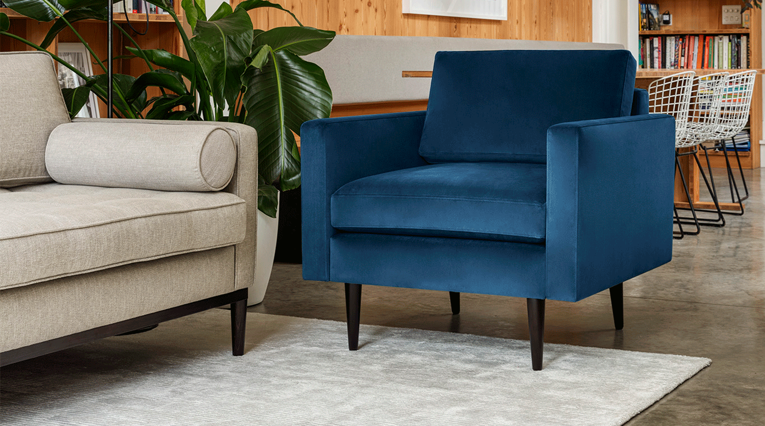 Model 01 Armchair in Teal Velvet with Model 02 Sofa in Pumice Linen