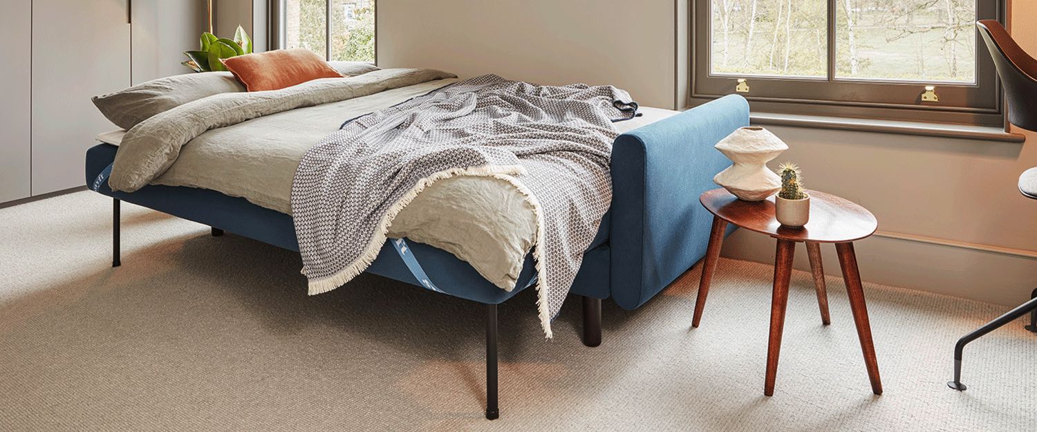 Model 04 Sofa Bed in Teal Velvet setup as Bed
