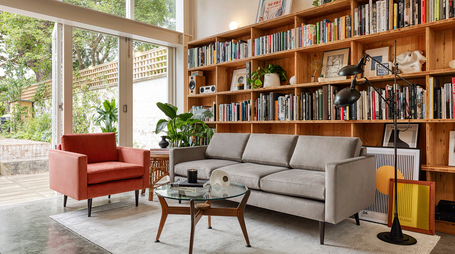 Grey Velvet Sofa and Red Velvet Armchair