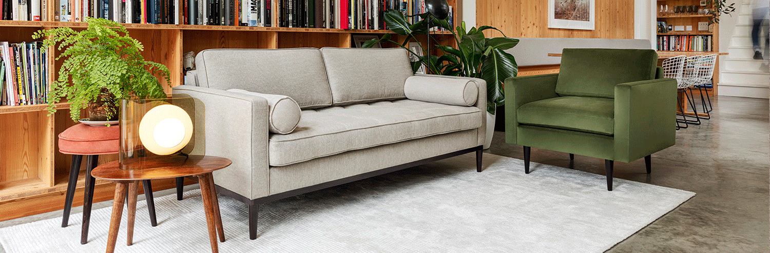 Model 01 Armchair in Vine Velvet with Model 02 Sofa in Pumice Linen