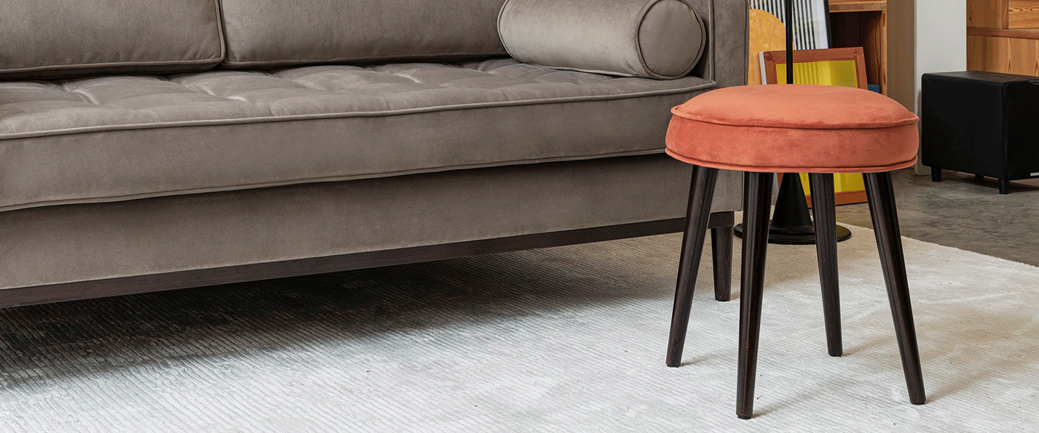 Model 00 Stool in Brick Velvet with Model 02 Sofa in Elephant Velvet