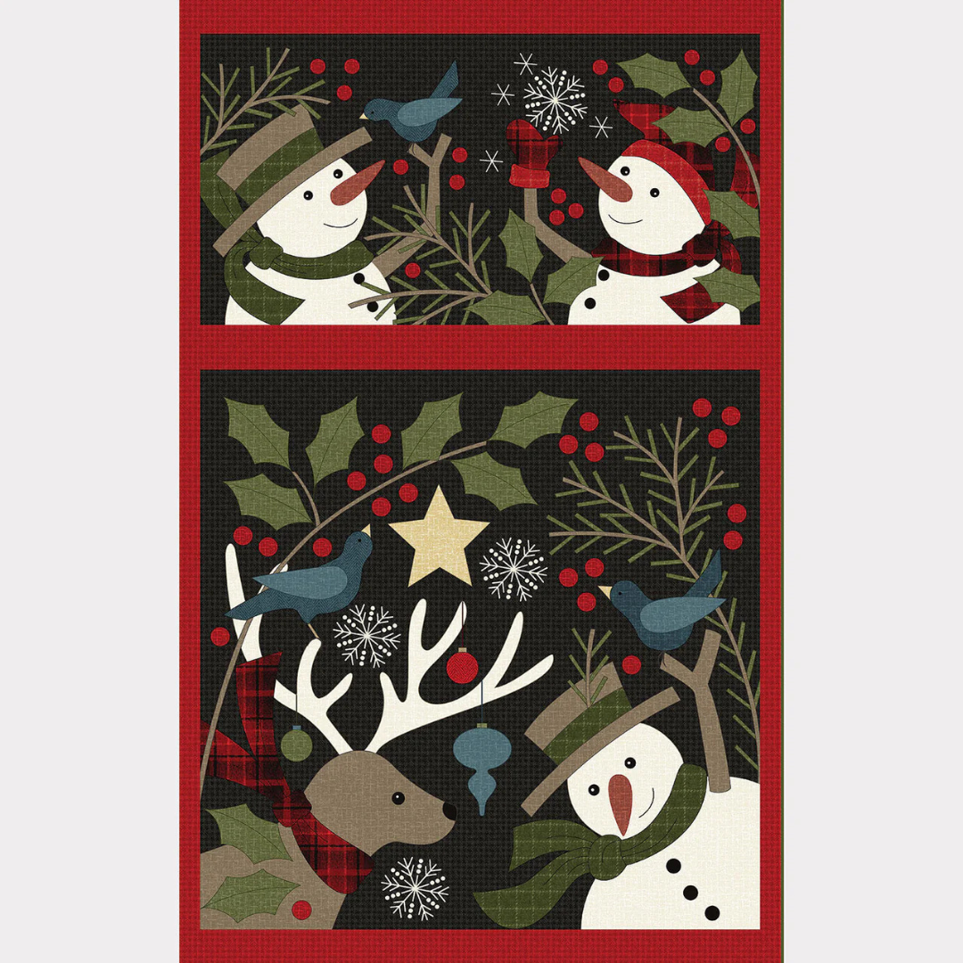 A festive Christmas Fabric Panel with snowmen, reindeer and holly.