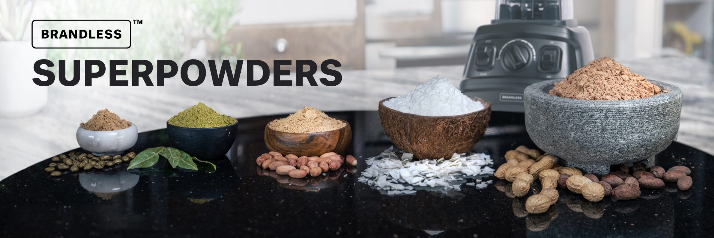 Superpowders.  Image of the five new Brandless powder products in five separate bowls with the peanuts, chocolate pieces, coconut flakes, and coffee beans the powders were derived from.