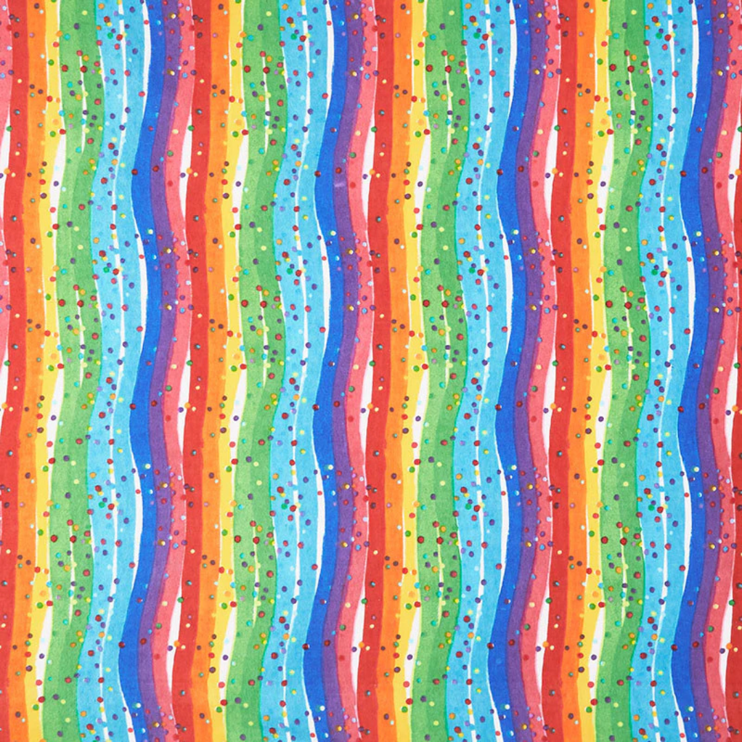 a vibrant rainbow stripe fabric print.