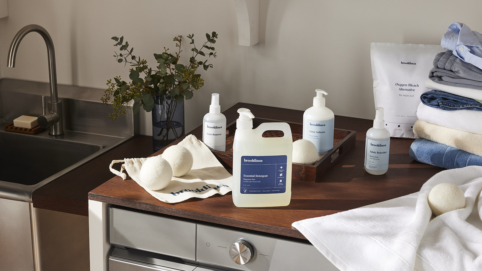 Brooklinen Laundry Care Collection on a Washer and Dryer