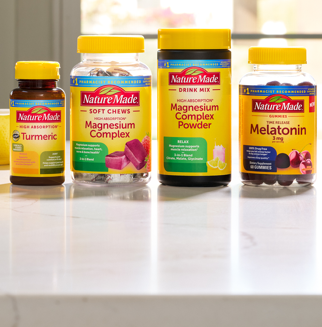 Nature Made Advanced Multi, Berberine Phytosome, Zero Sugar C Gummies, and Choline on a counter