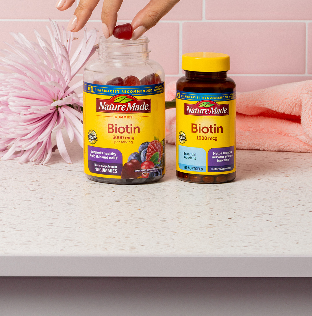 Nature Made Biotin 3000 mcg Gummies and Nature Made Biotin 1000 mcg Softgels.