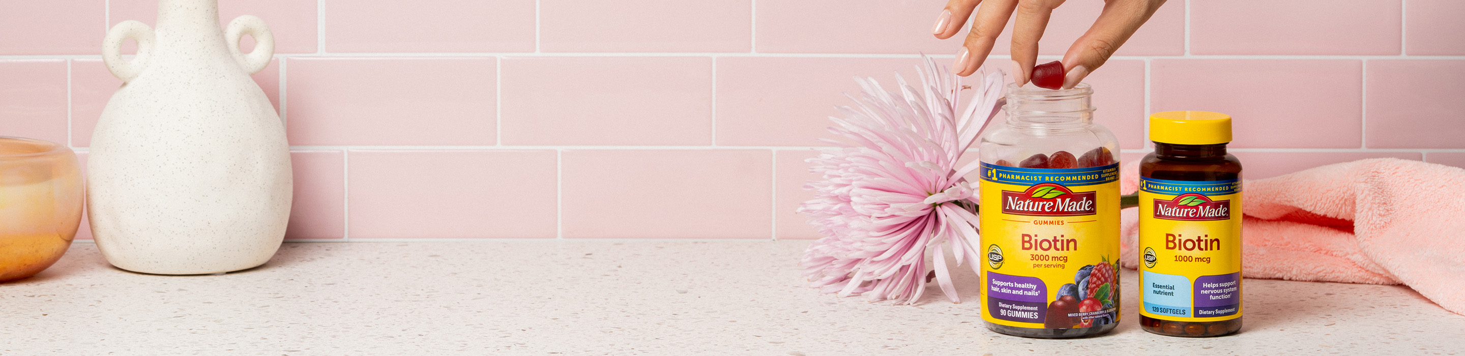 Nature Made Biotin 3000 mcg Gummies and Nature Made Biotin 1000 mcg Softgels.