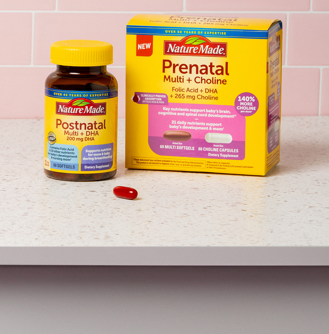 Nature Made Prenatal Multi + Choline supporting baby's development and mom, alongside Nature Made Postnatal Multi + DHA for postpartum nutrition.