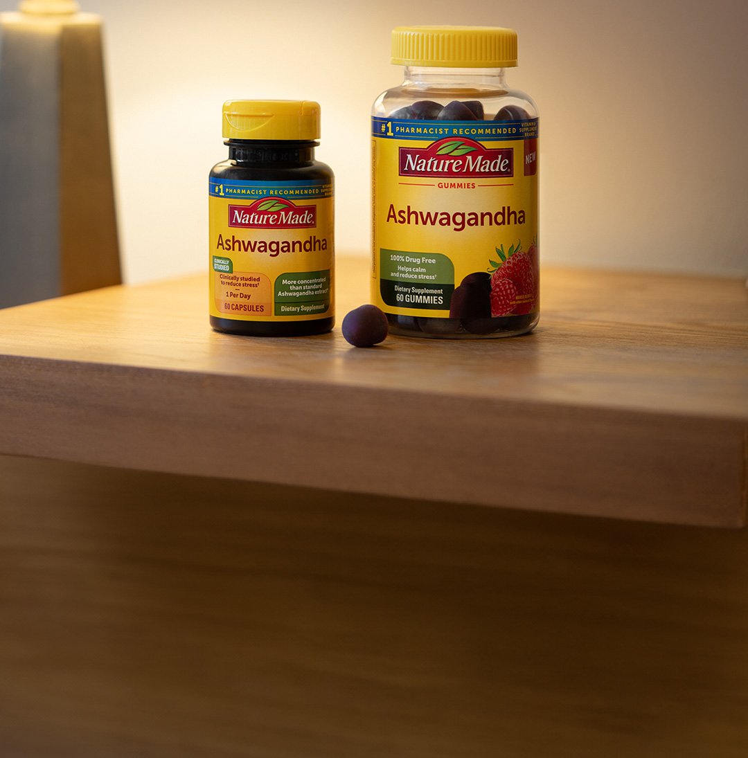 Nature Made® Ashwagandha supplement in gummies and capsules.