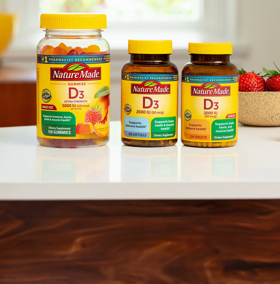 Nature Made Vitamin D supplements on the counter