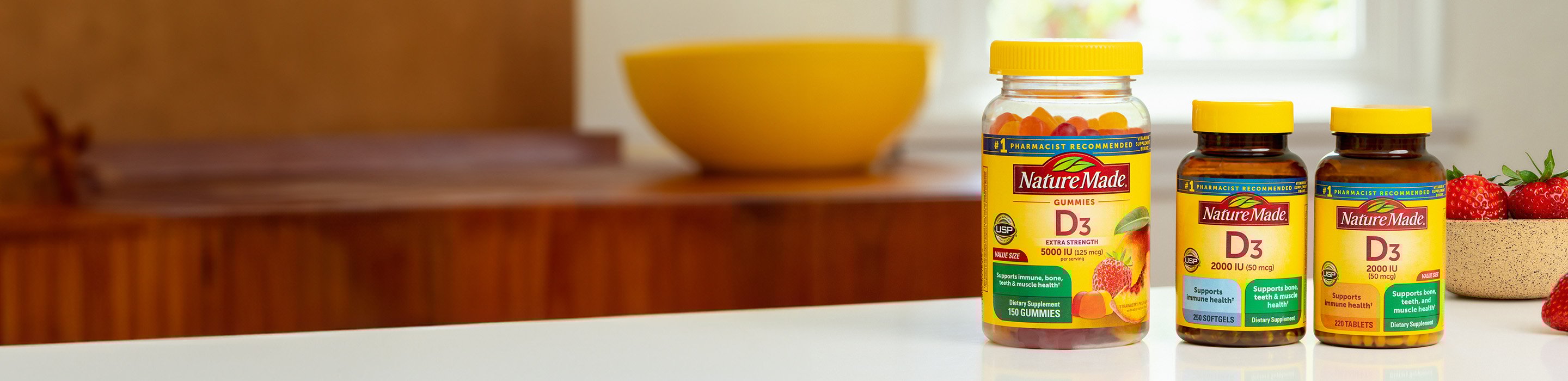 Nature Made Vitamin D supplements on the counter