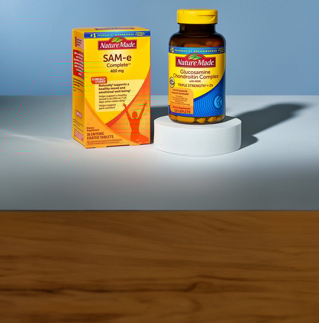 Nature Made® SAM-e and Glucosamine Chondroitin Complex supplements on a counter