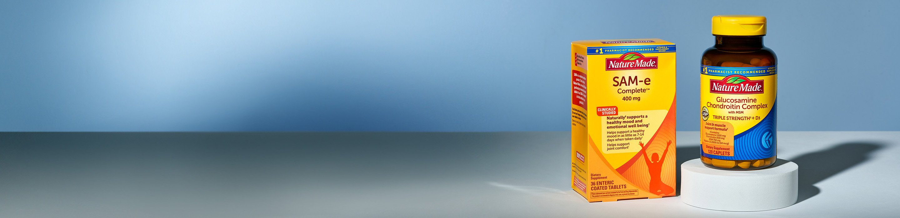 Nature Made® SAM-e and Glucosamine Chondroitin Complex supplements on a counter