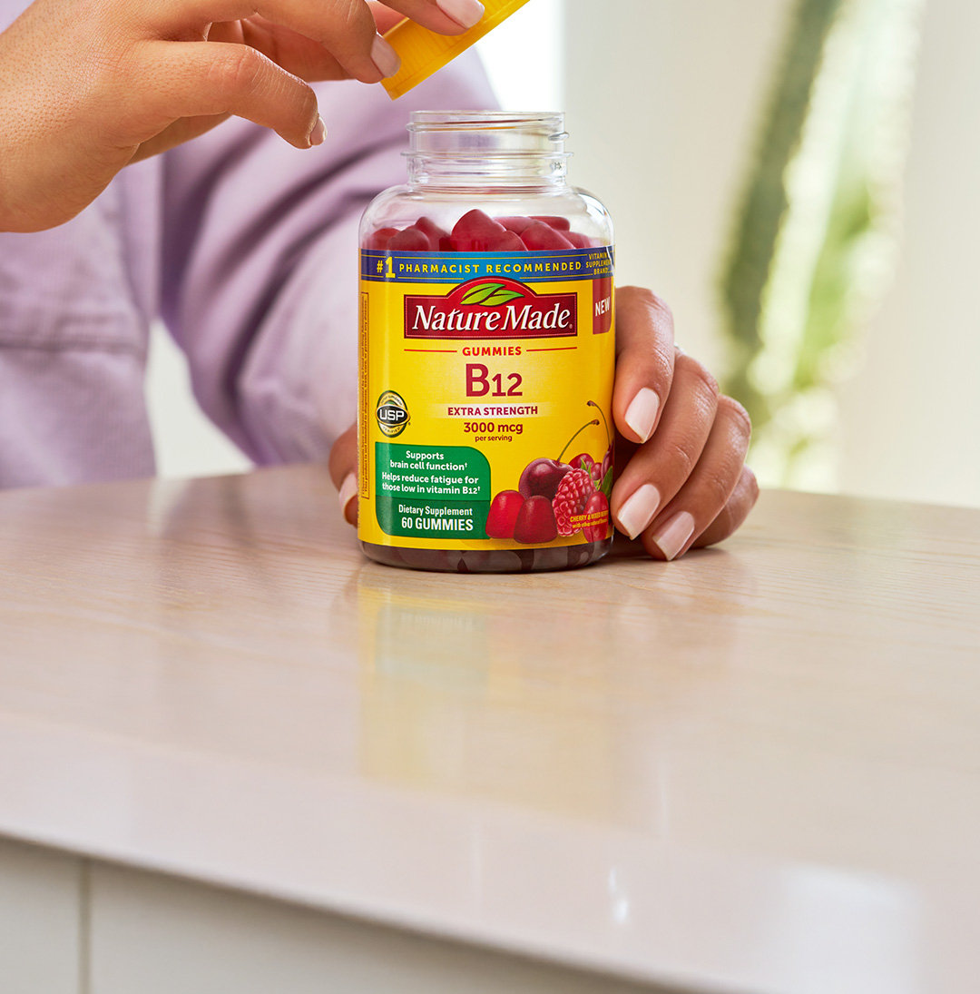 Nature Made® B12 supplements on a counter