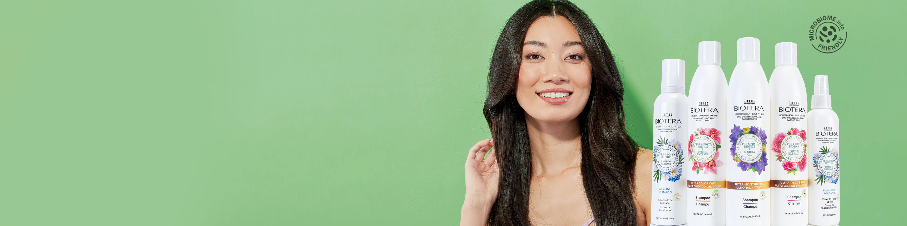 black hair model with hair products on green background