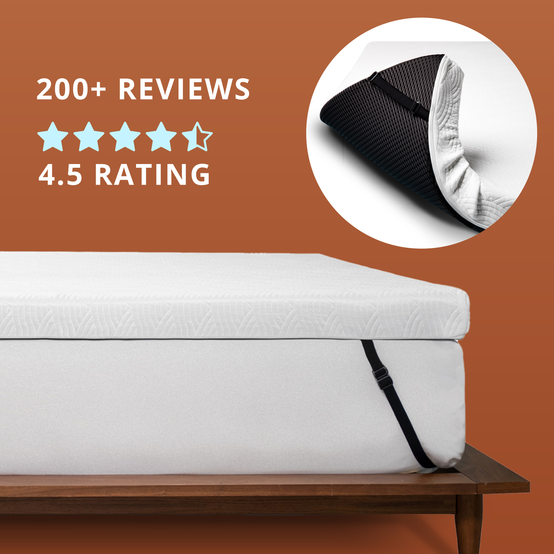 Orders placed by 2pm ships same day. 4" Copper Infused Foam. Made in the USA. Photo of a 4" thick white mattress topper secured to a bed with adjustable straps.