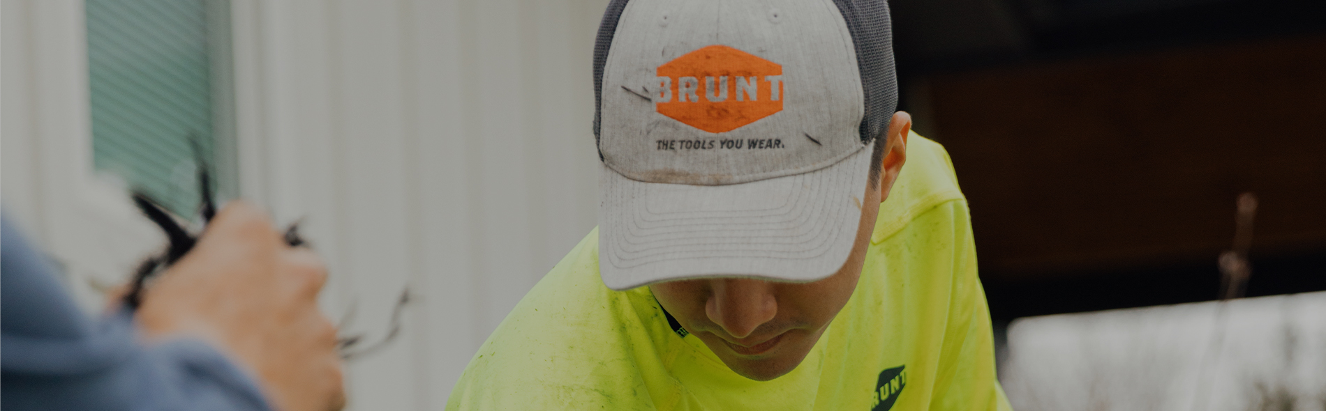 Curved Brim Work Hat with BRUNT logo in Grey and Lightweight McKenna Sun Tee with UPF Protection in Hi-Vis Yellow