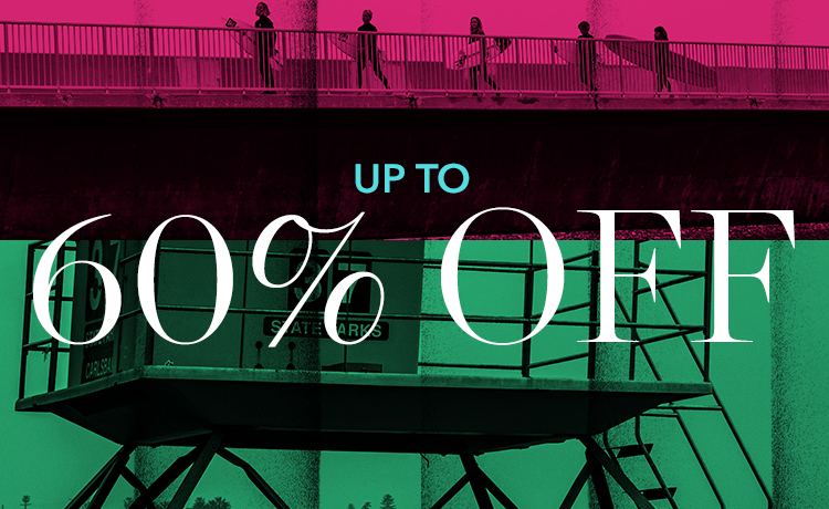 up to 60% off lockup text with image of surfers and a lifeguard tower