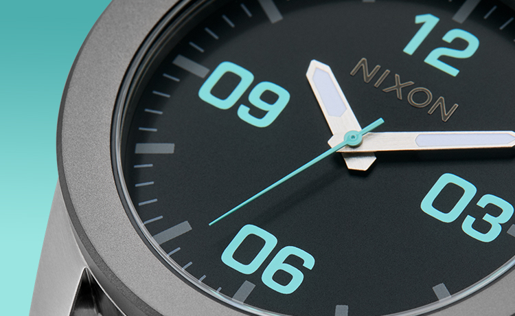 Single detailed shot of the Nixon Corporal SS with Turquoise details. 