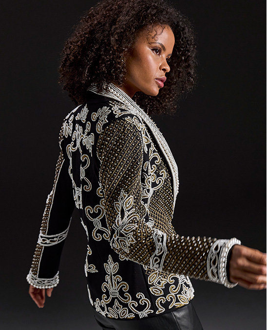 Models wearing a pearl black jacket