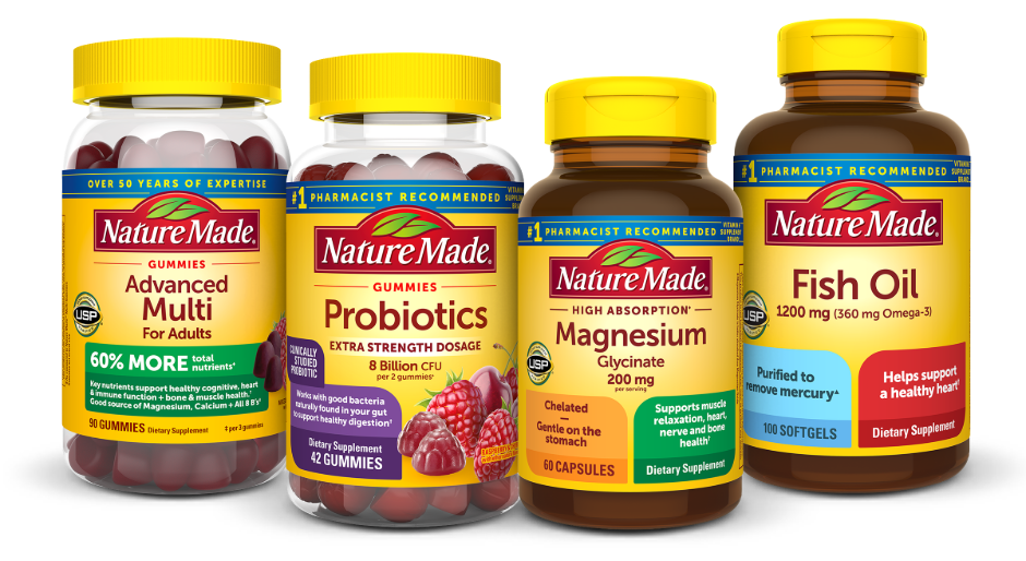 Nature Made vitamins and supplements featuring Advanced Multi, Probiotics, Magnesium, and Fish Oil bottles.