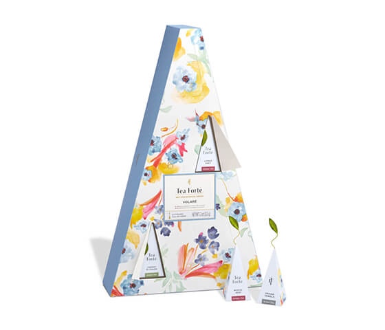 Volaré Advent Calender of 12 different teas, with pyramid infusers on the outside and a few doors open revealing infusers inside