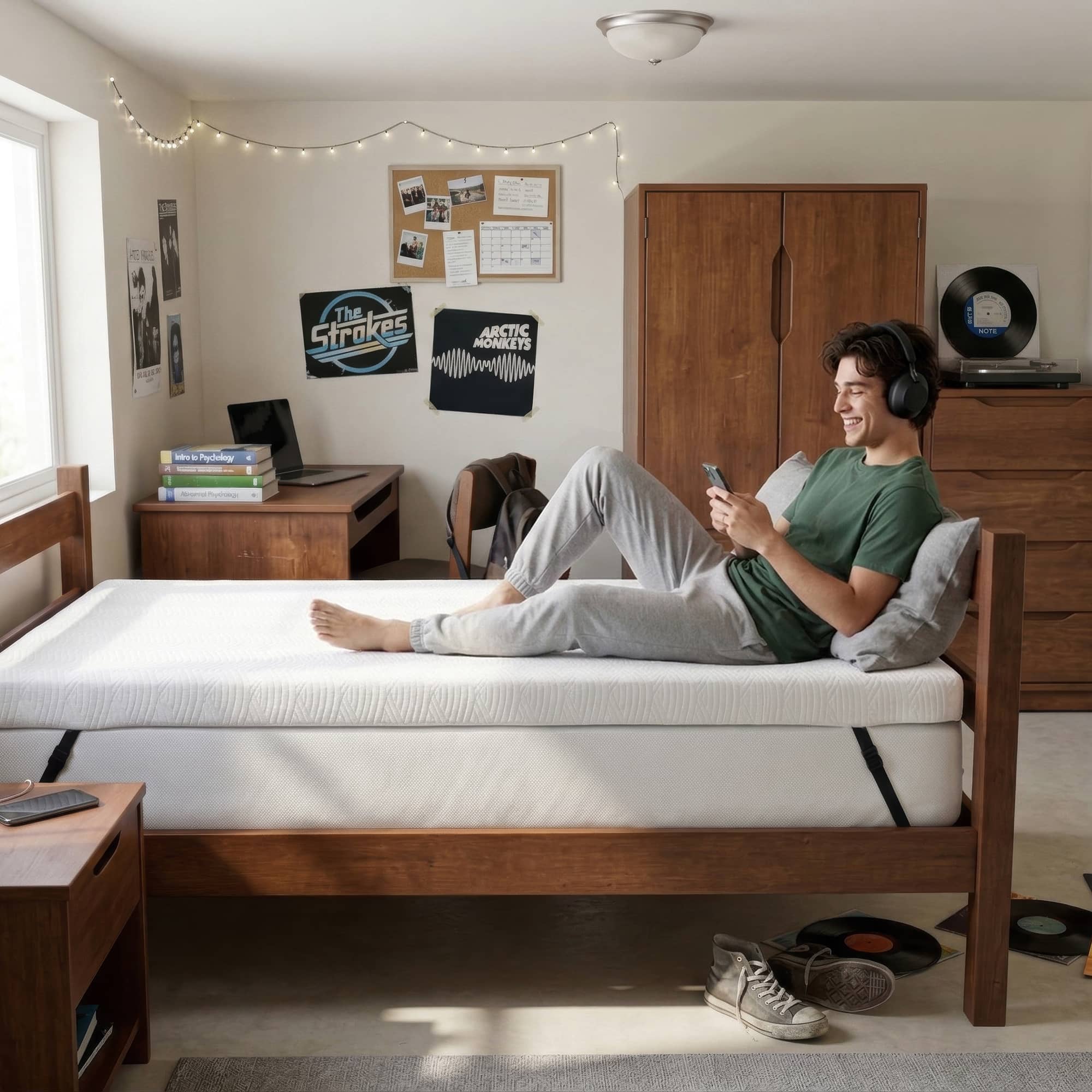 Orders placed by 2pm ships same day. 4" Copper Infused Foam. Made in the USA. Photo of a 4" thick white mattress topper secured to a bed with adjustable straps.