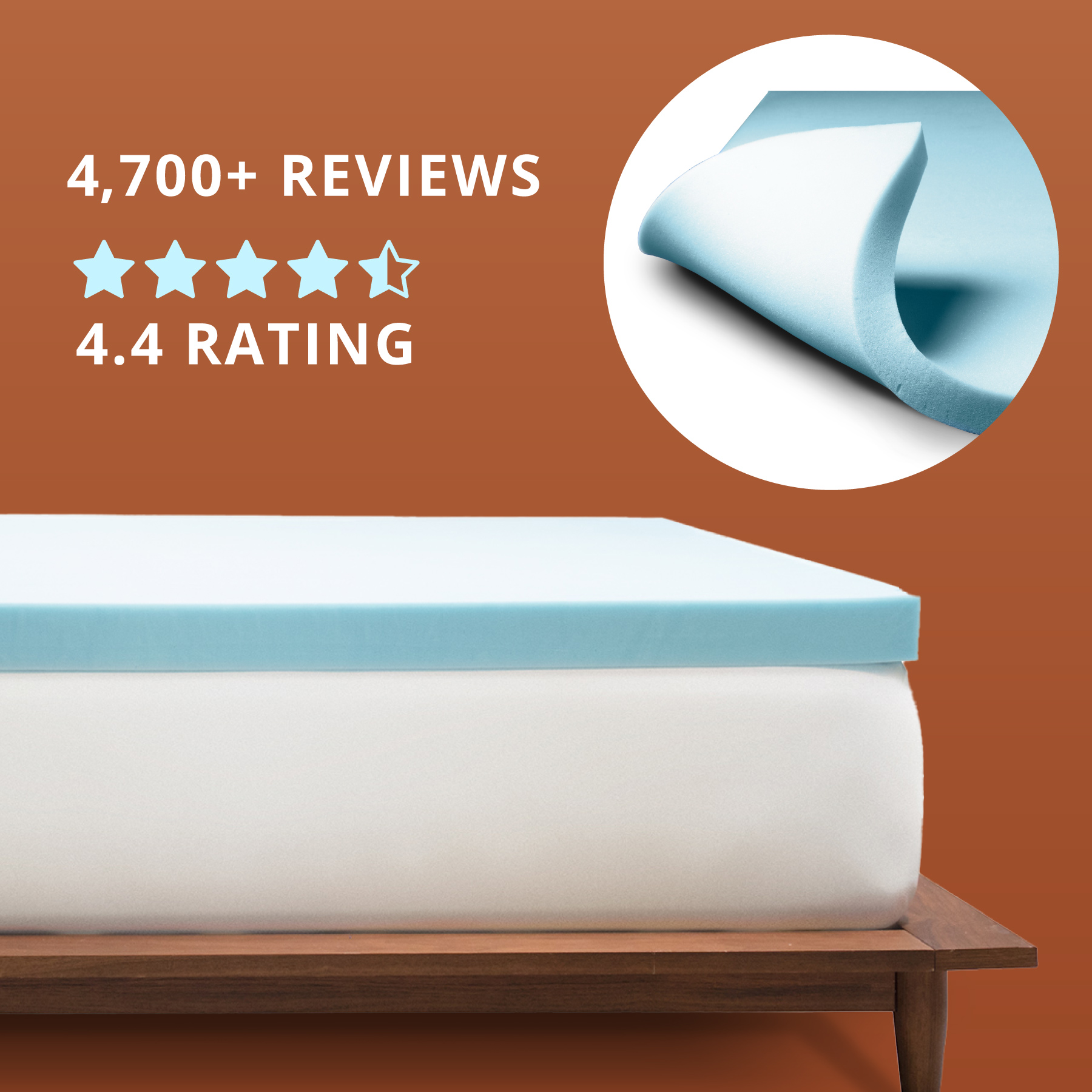 Orders placed by 2pm ships sam day. Responsive support.  Photo of a light blue mattress topper with a white lightly padded cover on top of a bed.