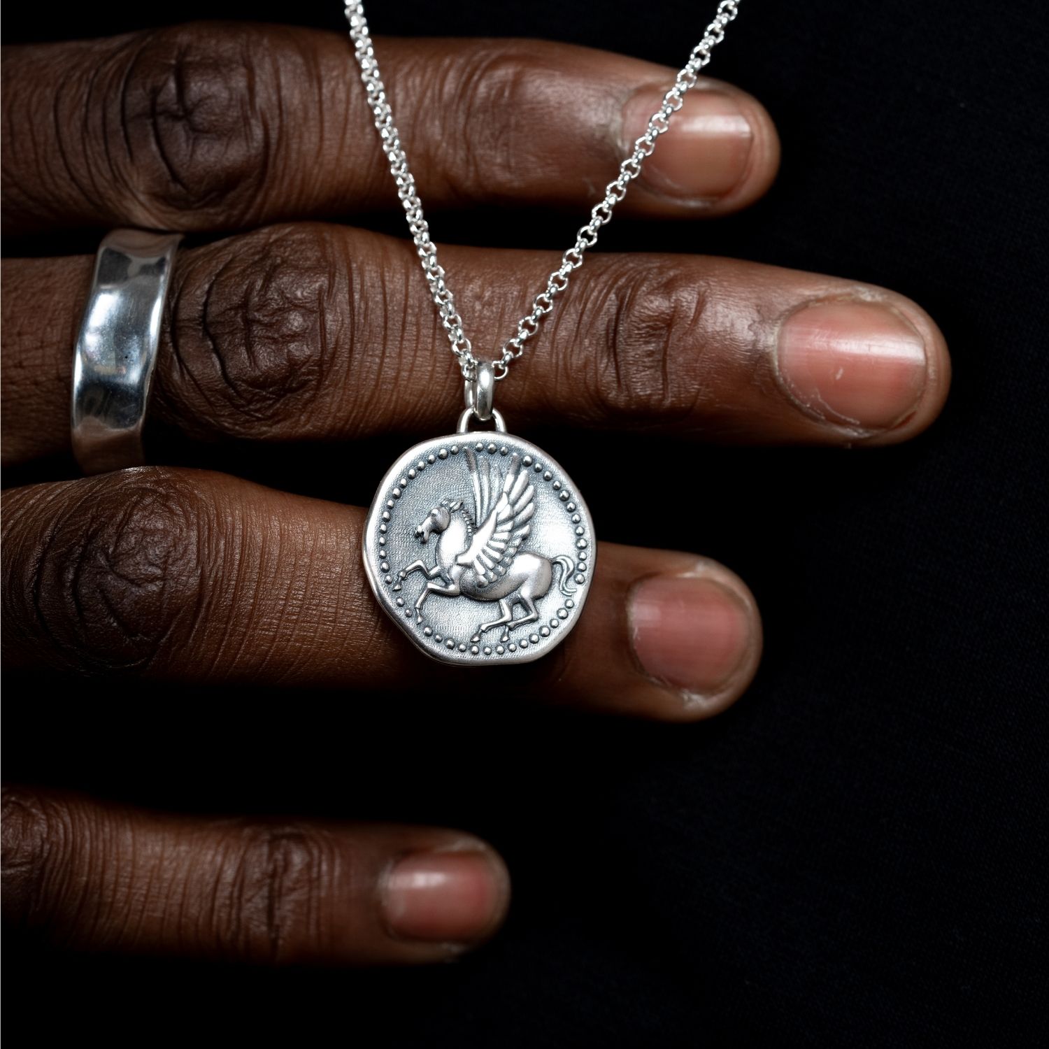 dower-and-hall-sterling-silver mens-overcome-and-thrive-pegasus-talisman-necklace