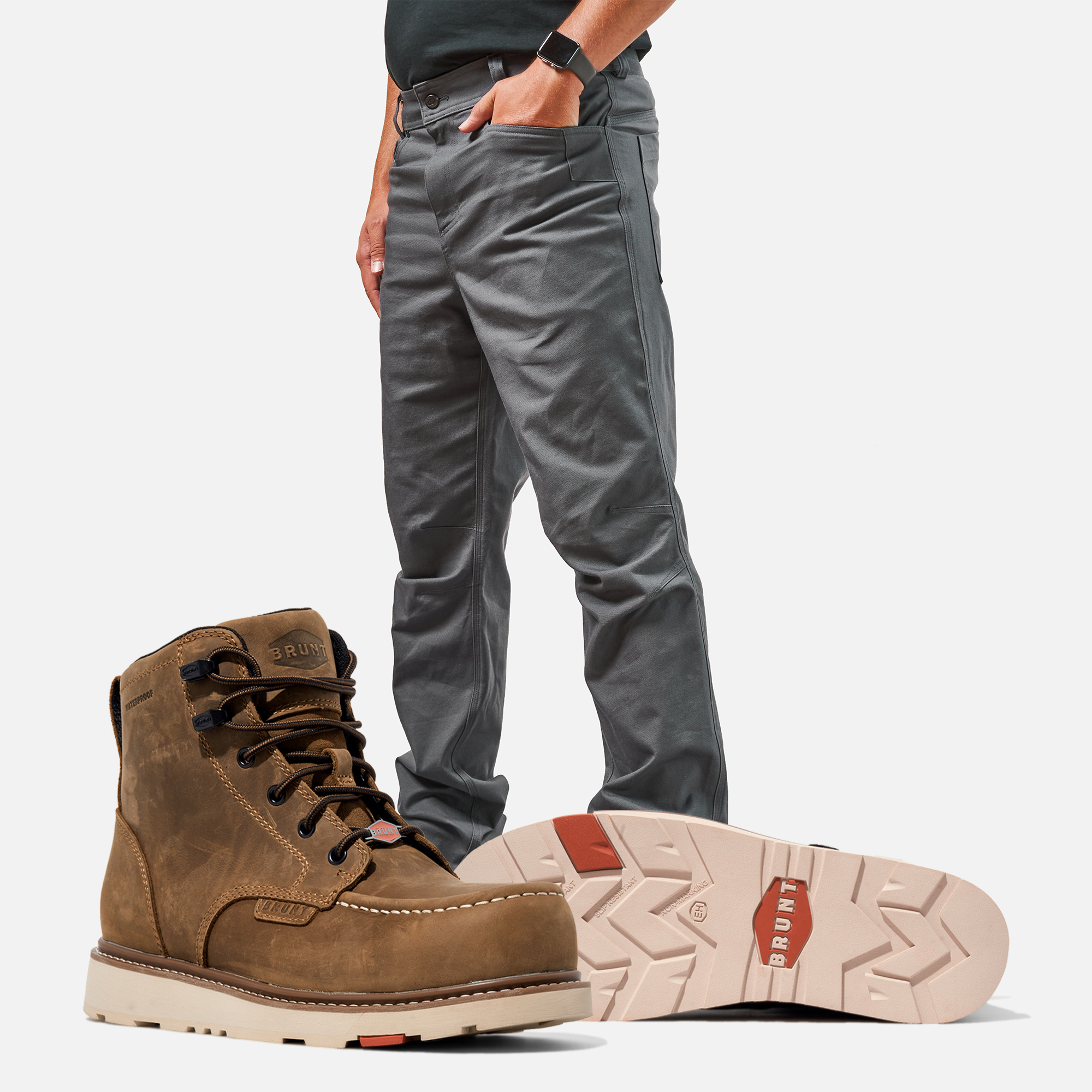 BRUNT 6 inch waterproof moc toe marin work boot in brown with BRUNT water resistant stretch torra work pant in charcoal