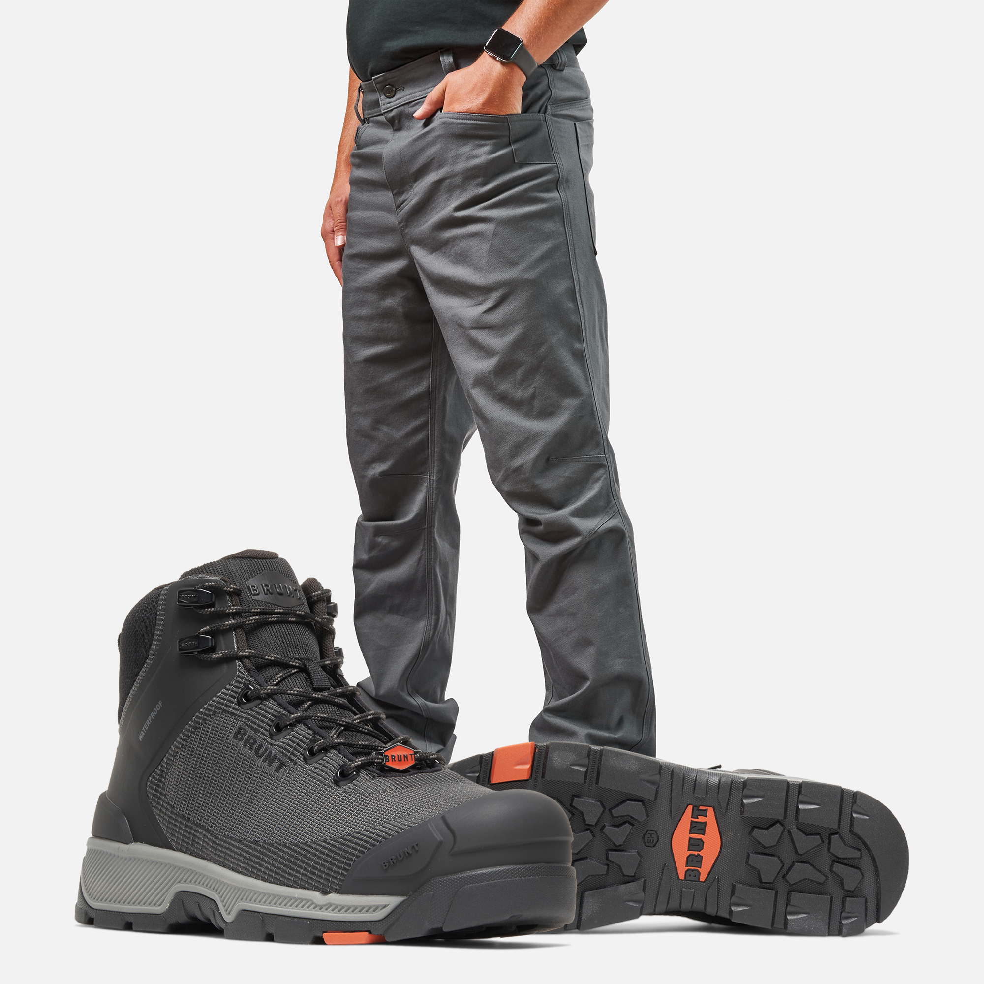 BRUNT 6 inch waterproof composite toe ryng work boots in BRUNT water resistant stretch torra work pant in charcoal