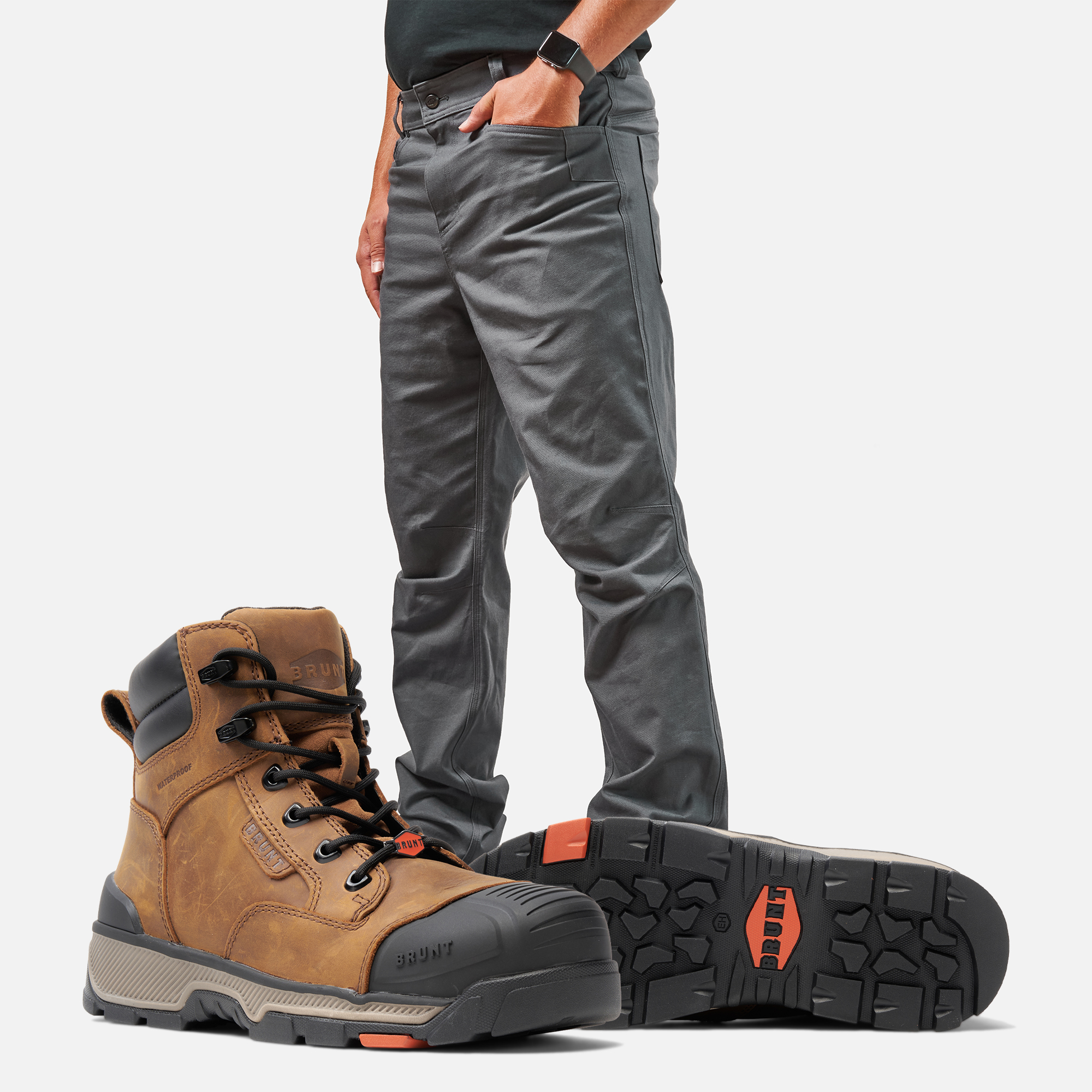 BRUNT 6 inch waterproof durable perkins work boot in brown with BRUNT water resistant stretch torra work pant in charcoal