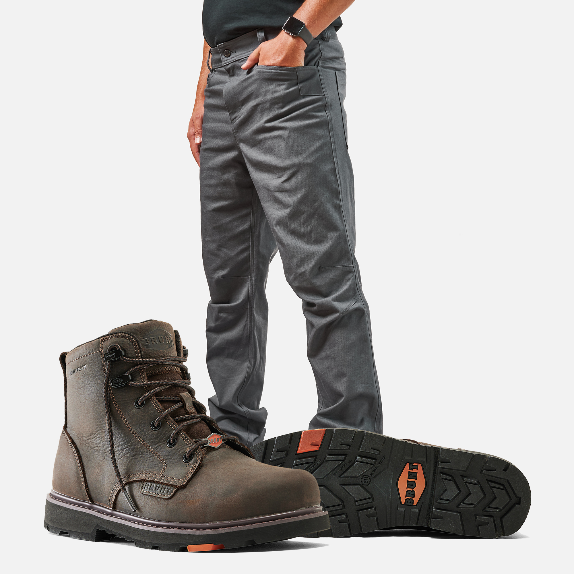 BRUNT 6 inch waterproof composite toe sullivan work boot in brown with BRUNT water resistant stretch torra work pant in charcoal