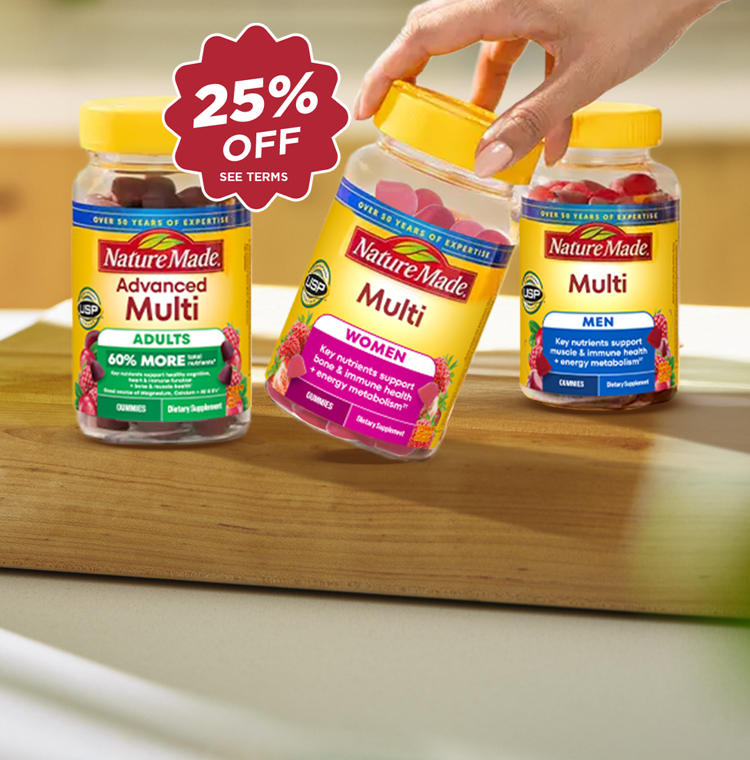 Nature Made multivitamin gummies bottles with 25% off promo badge.