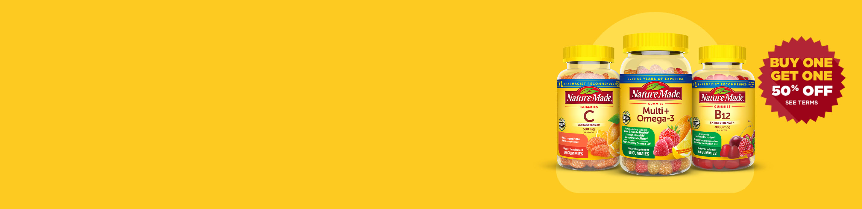Nature Made C, Multi + Omega 3 & B12 gummies on a yellow background with buy one get one 50% off messaging.