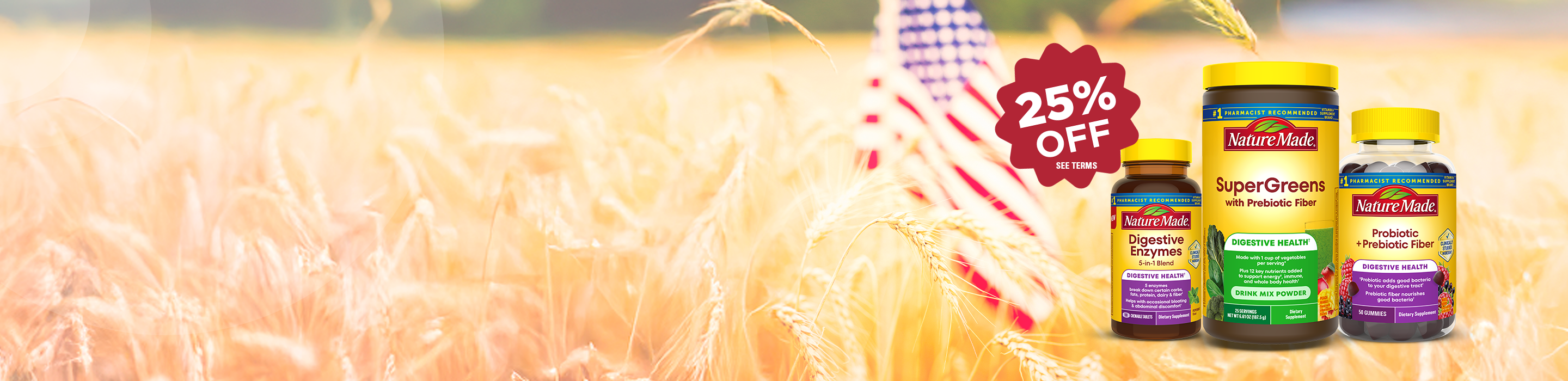 Nature Made digestive and probiotic supplements 25% off with flag on a summer background