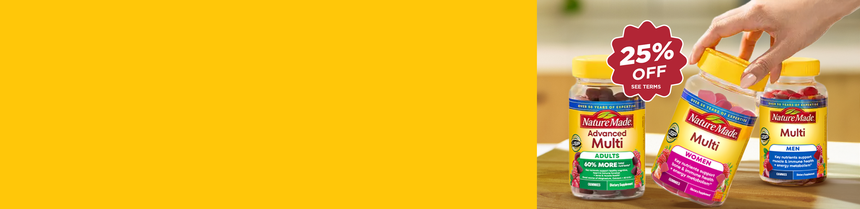 Nature Made multivitamin gummies bottles with 25% off promo badge on yellow background.