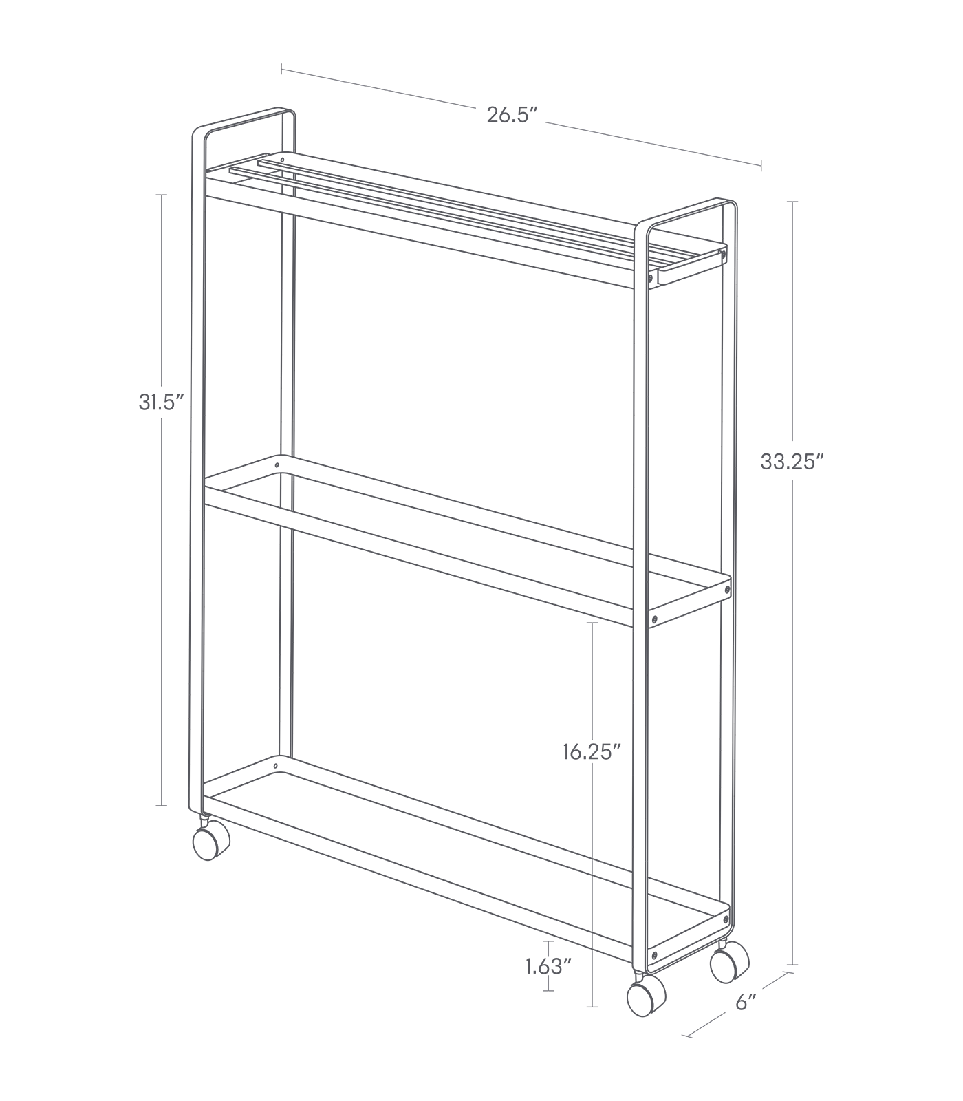 TOWER Rolling Tower Rack. 33.25 inches tall, 26. 5 inches long, 6 inches wide.