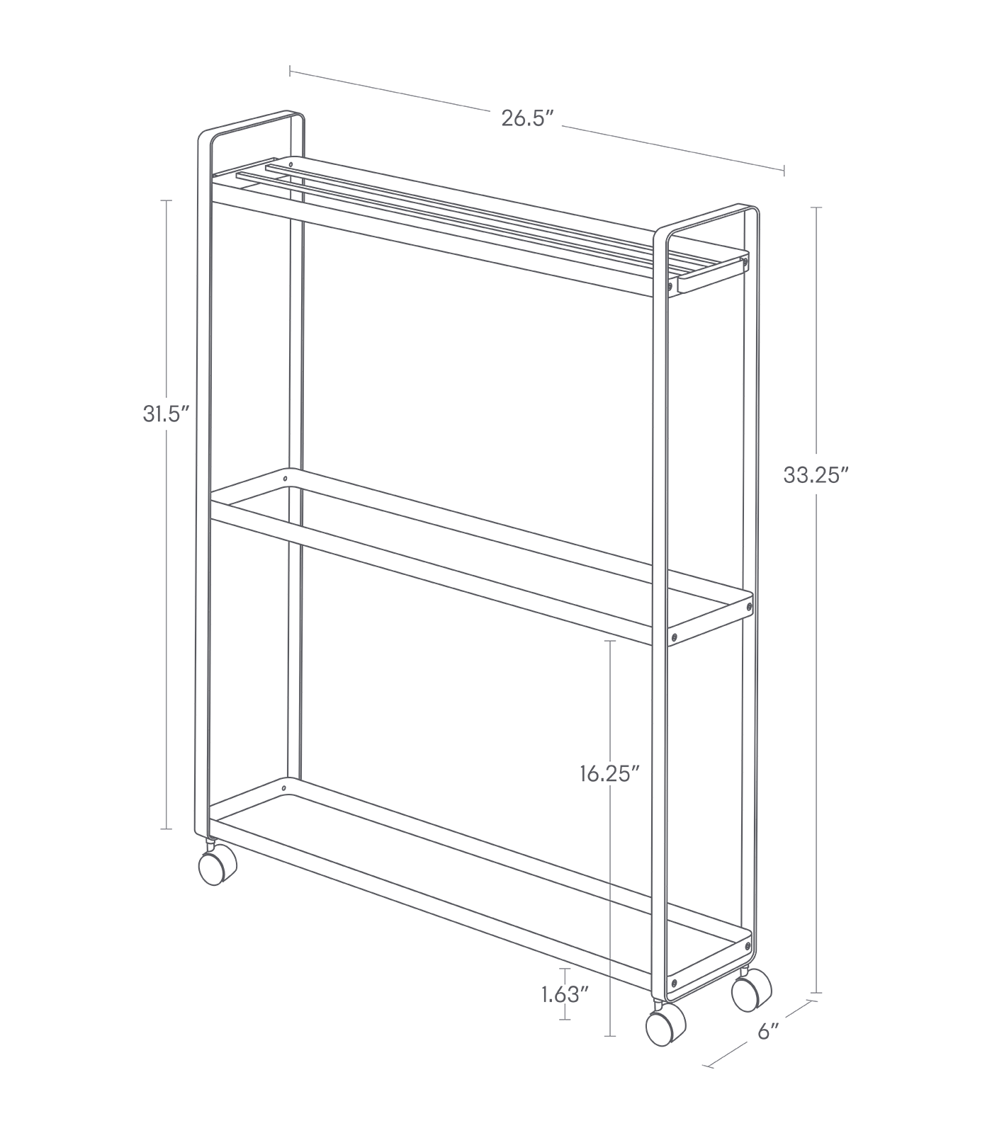 TOWER Rolling Tower Rack. 33.25 inches tall, 26. 5 inches long, 6 inches wide.