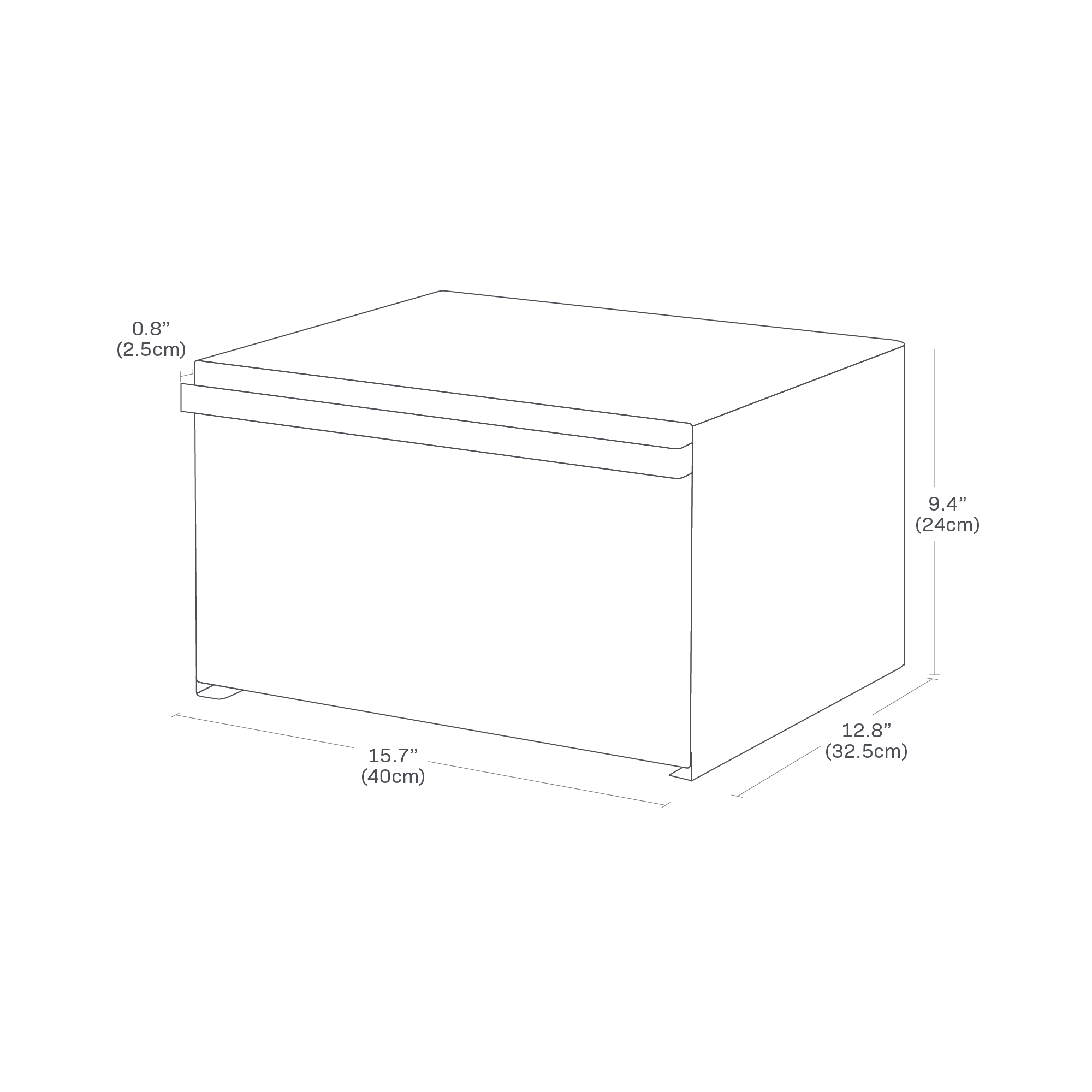 Dimension Image for Bread Box on a white background showing height of 9.4 inches, width of 15.7 inches, length of 12.8 inches, and handle protruding by 0.8 inches.
