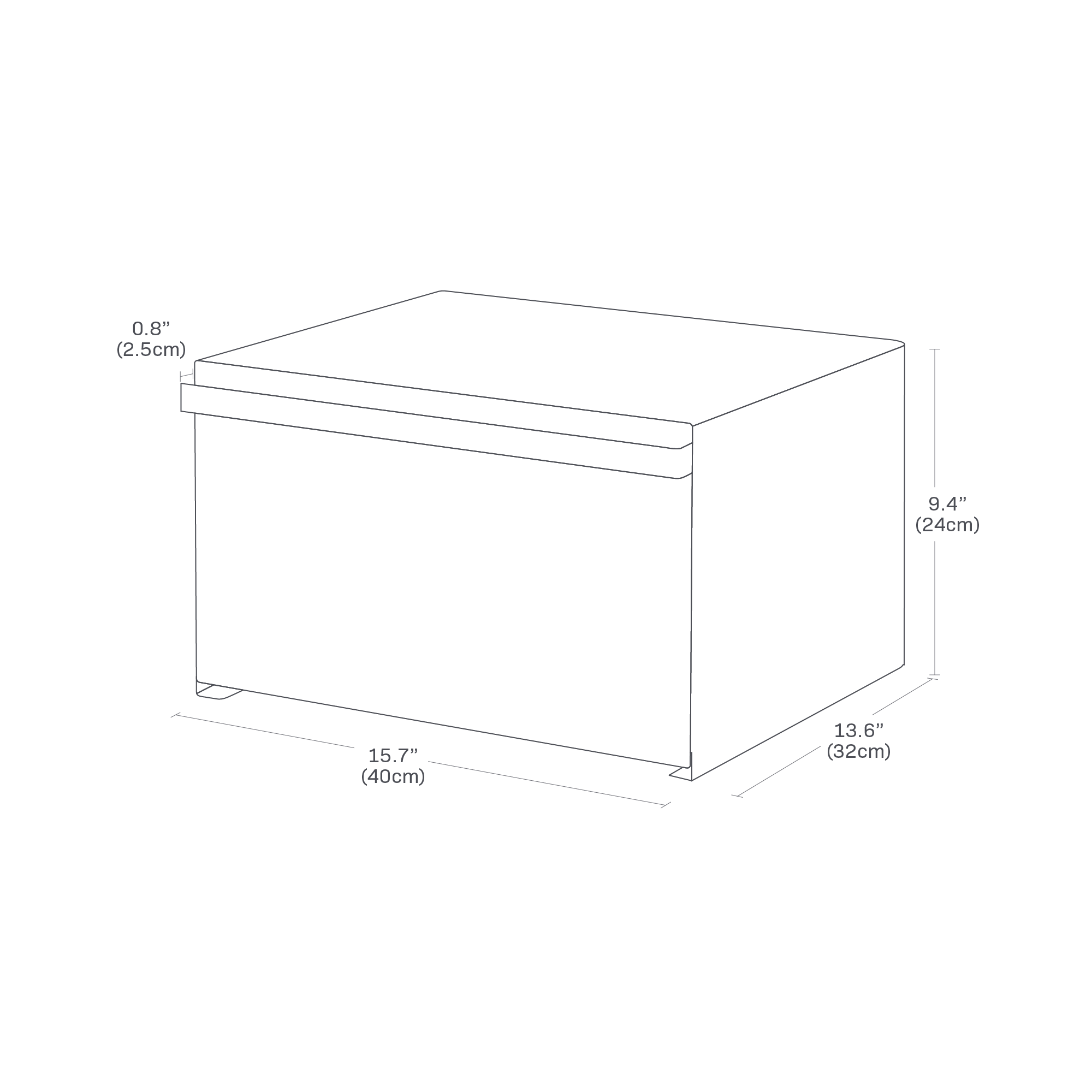 Dimension Image for Bread Box on a white background showing height of 9.4 inches, width of 15.7 inches, length of 13.6 inches, and handle protruding by 0.8 inches.