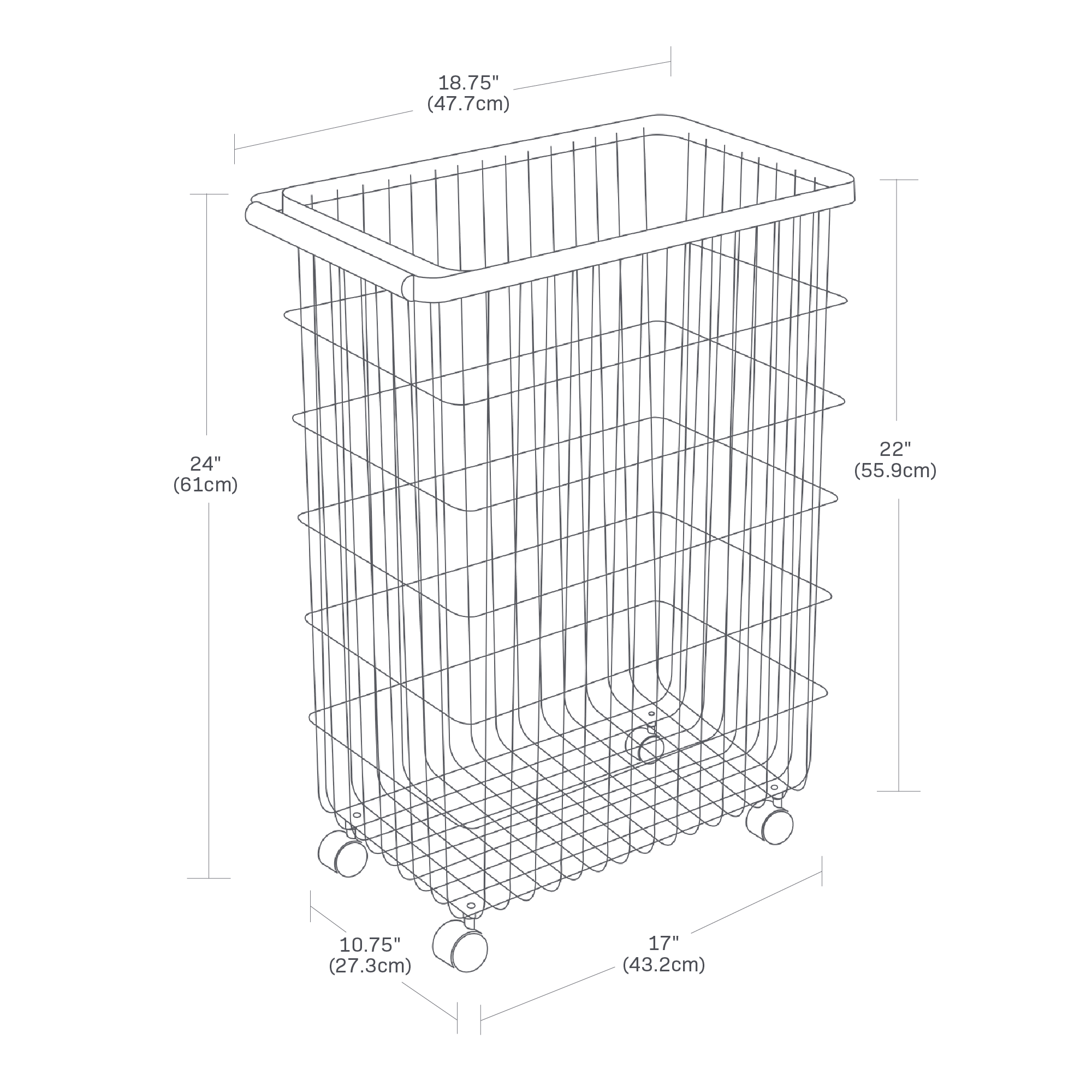 Image dimensionnelle du panier métallique roulant avec une hauteur totale de 24", une largeur totale de 18,75" et une profondeur de 10,75". Le panier lui-même mesure 22" de profondeur et la largeur au bas du panier est de 17".