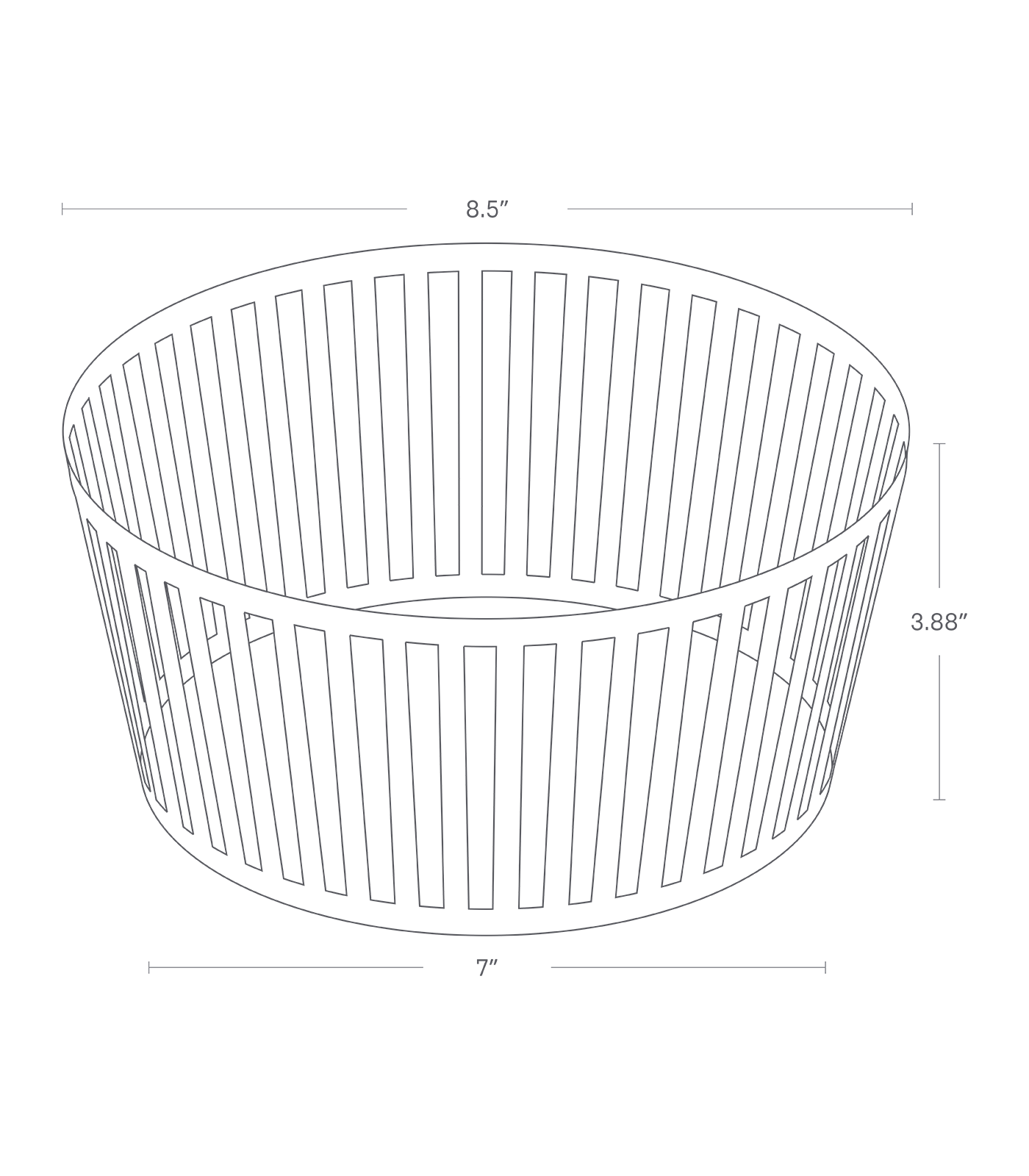 Dimension image for Fruit Basket - Two Sizes on a white background including dimensions  L 8.46 x W 8.46 x H 3.94 inches
