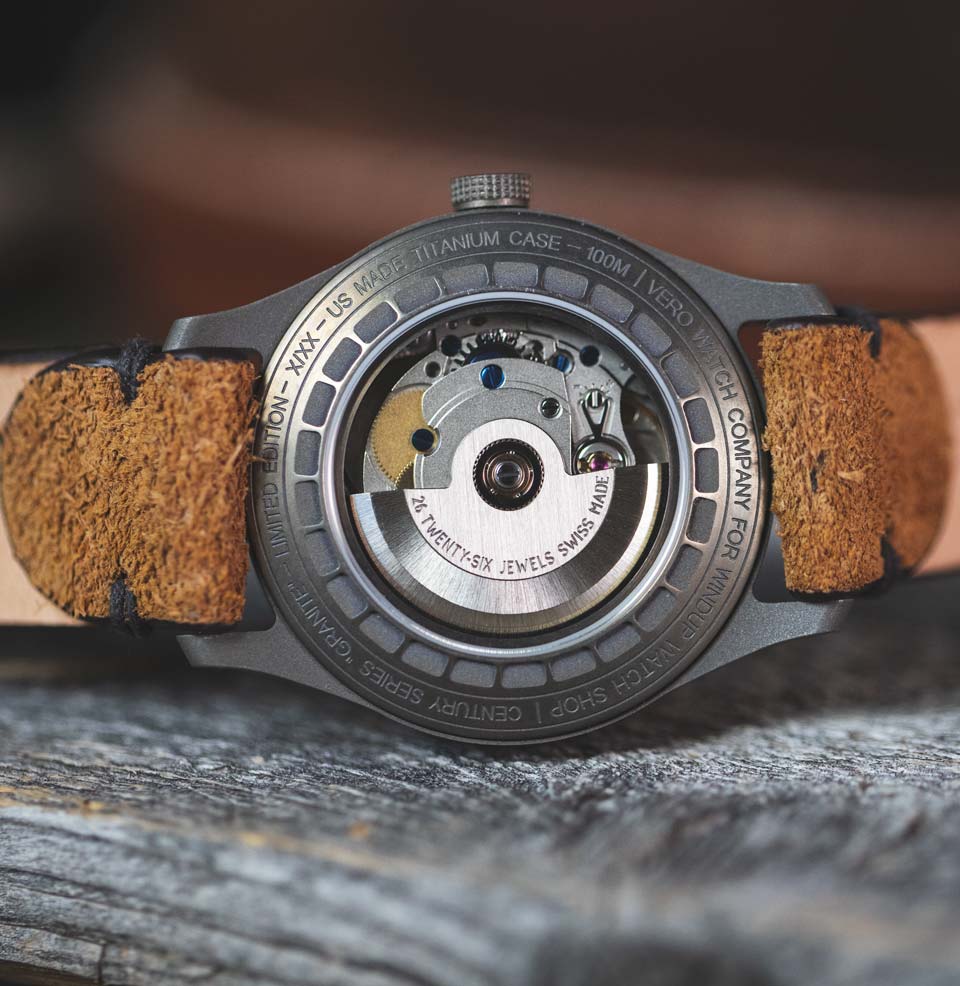 Vero x Windup Watch Shop Century 38mm LE Sapphire Display back - Sellita SW200 Movement