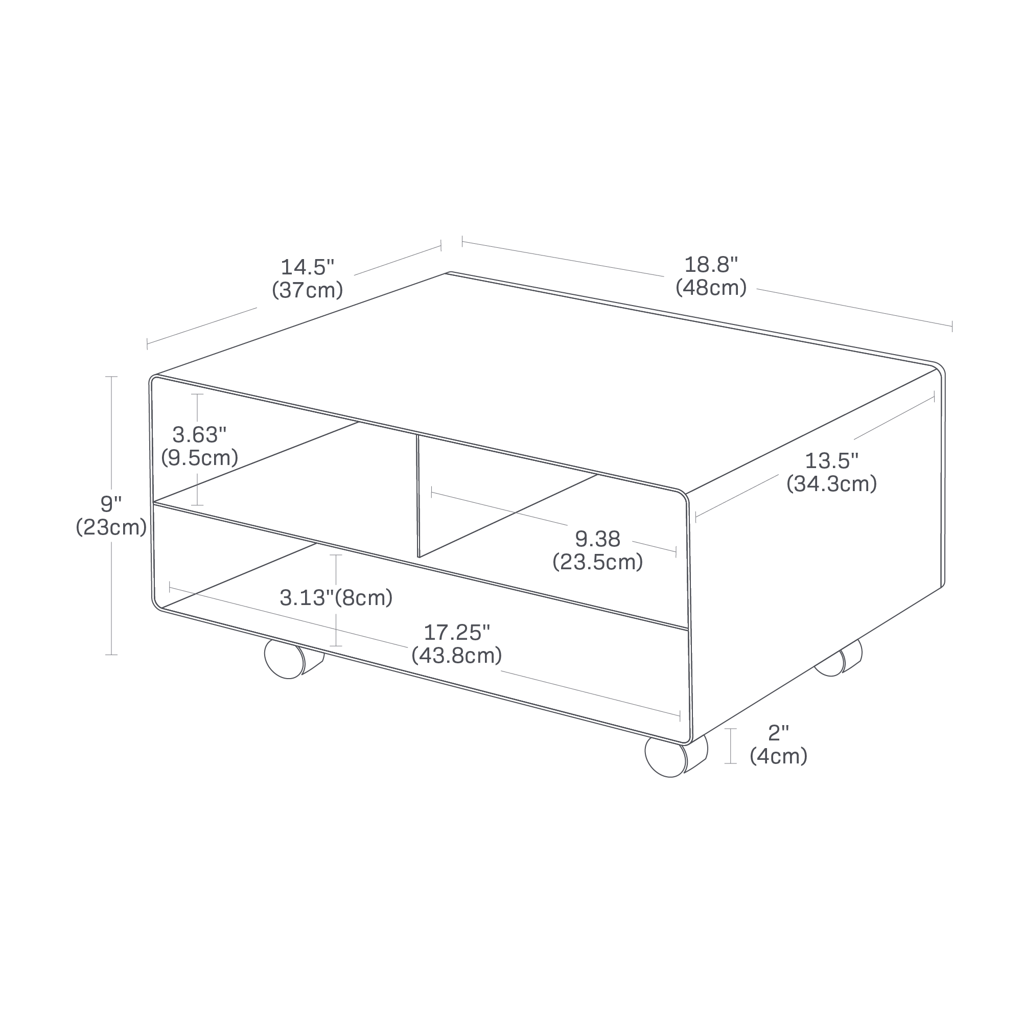 TOWER Rolling Printer Stand. 18.88 inches long, 14.5 inches wide, 9 inches tall. Top compartments: 9.38 inches long and 3.63 inches tall. Bottom compartment 17.25 inches long, 3.13 inches tall.